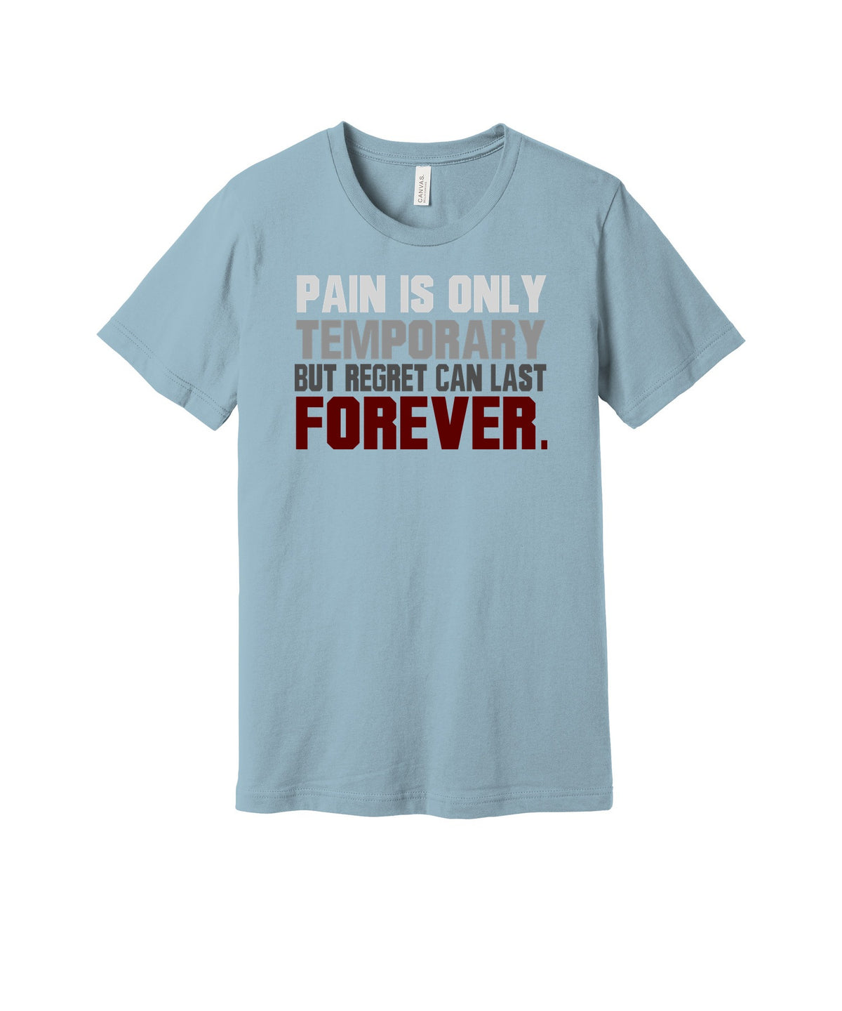 Pain Is Temporary graphic on a light blue Bella+Canvas 3001 tee