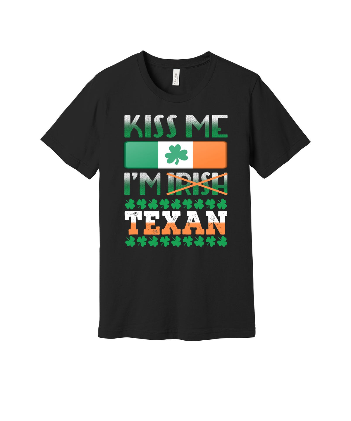 Kiss Me I'm Texan graphic on a black Bella+Canvas 3001 tee