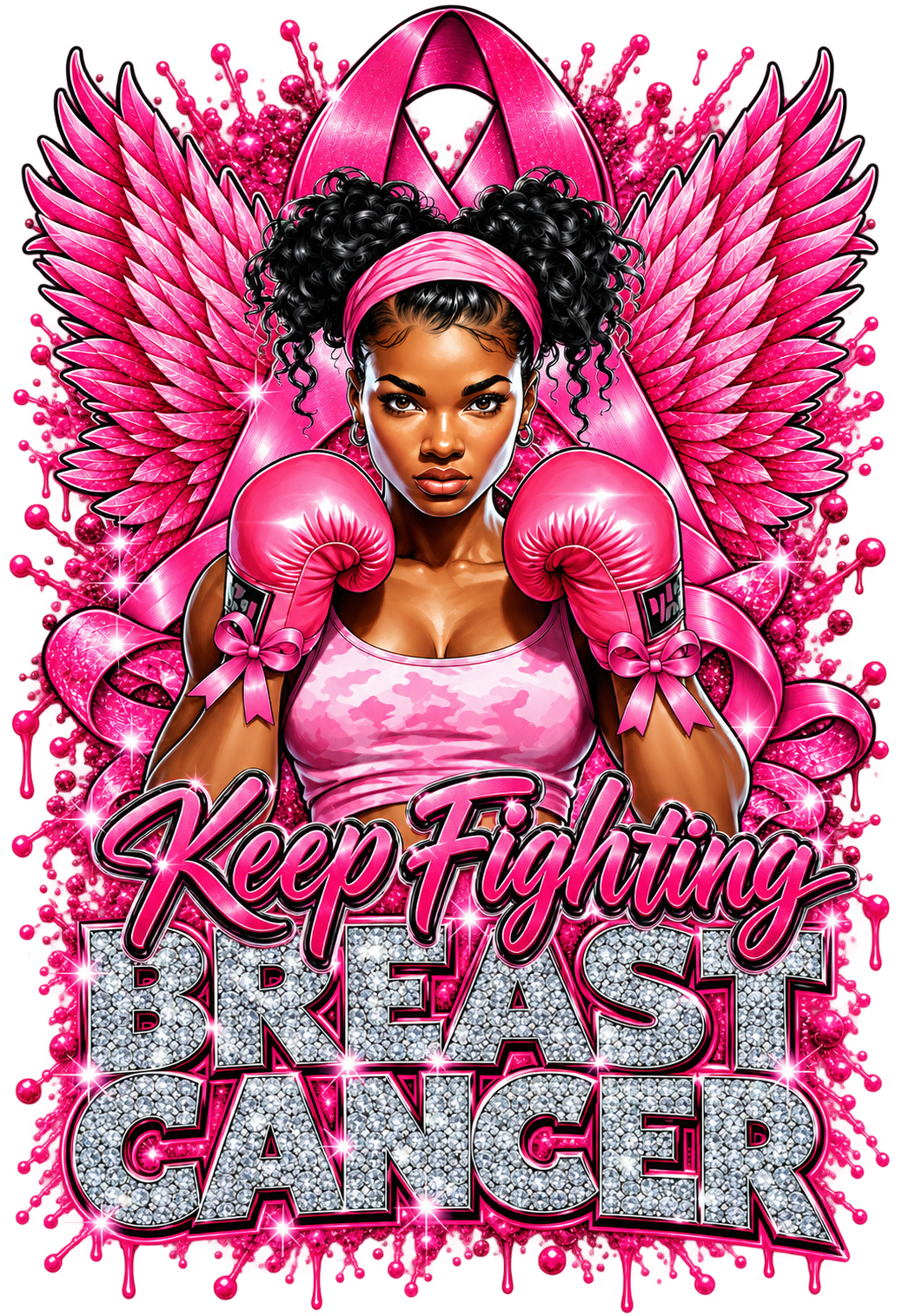 Fierce Pink Ribbon Fighter print artwork; available on white and pink Bella+Canvas 3001 tees