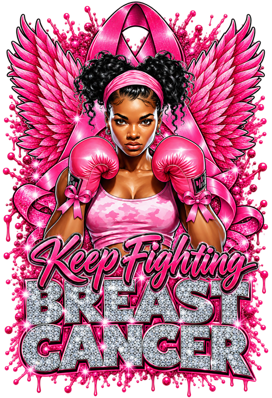 Fierce Pink Ribbon Fighter print artwork; available on white and pink Bella+Canvas 3001 tees