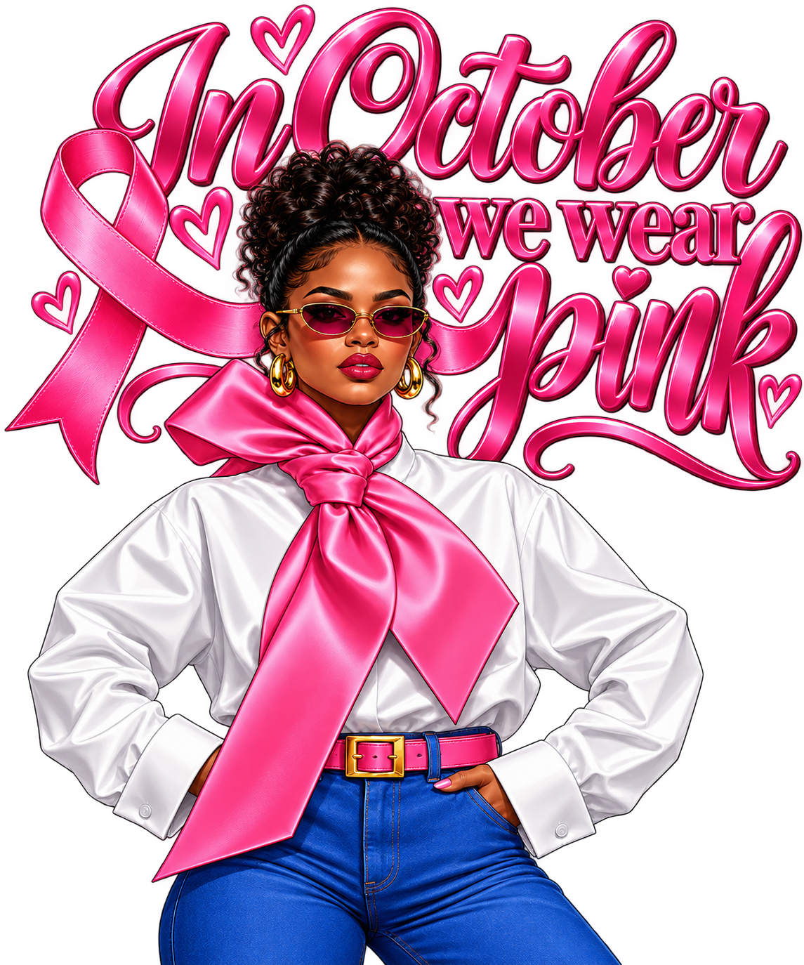 In October We Wear Pink print artwork; available on white and pink Bella+Canvas 3001 tees