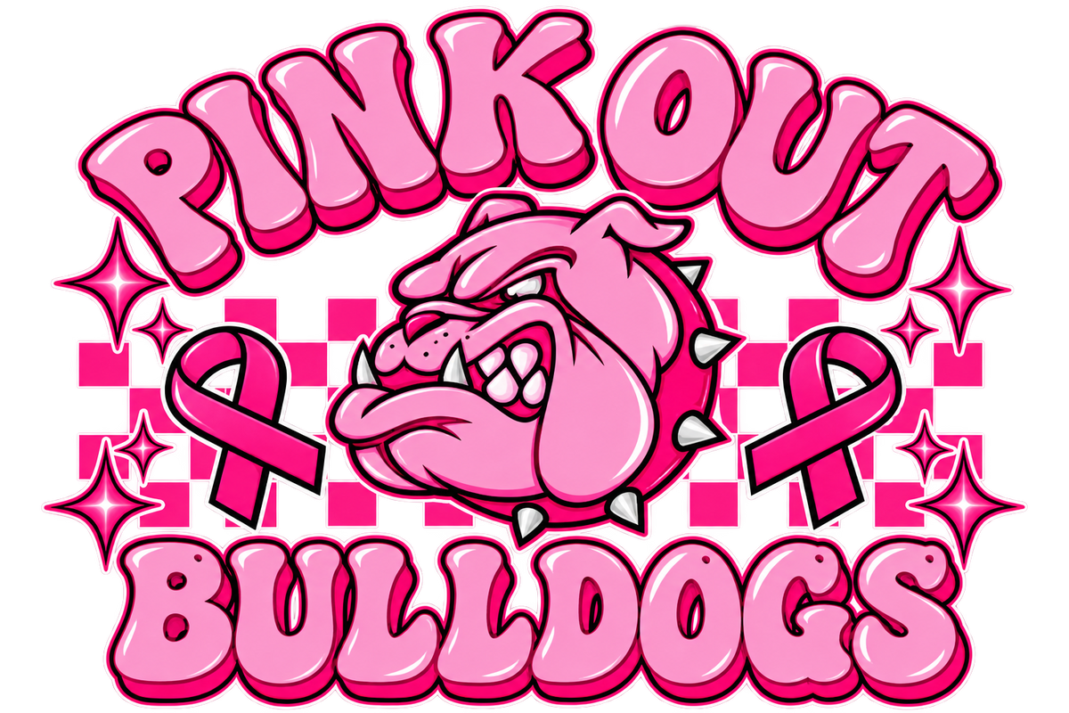 Pink Out Bulldogs print artwork; available on white and pink Bella+Canvas 3001 tees