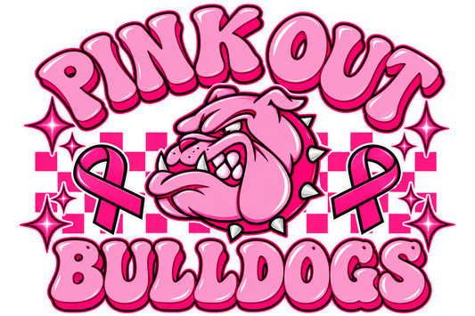 Pink Out Bulldogs print artwork; available on white and pink Bella+Canvas 3001 tees