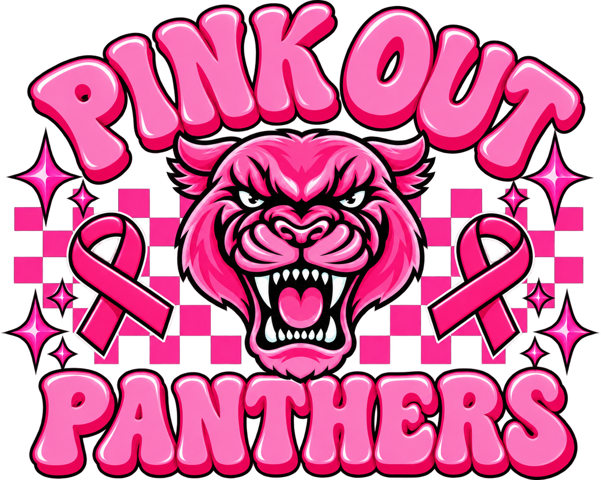 Pink Panthers Breast Cancer Awareness print artwork; available on white and pink Bella+Canvas 3001 tees