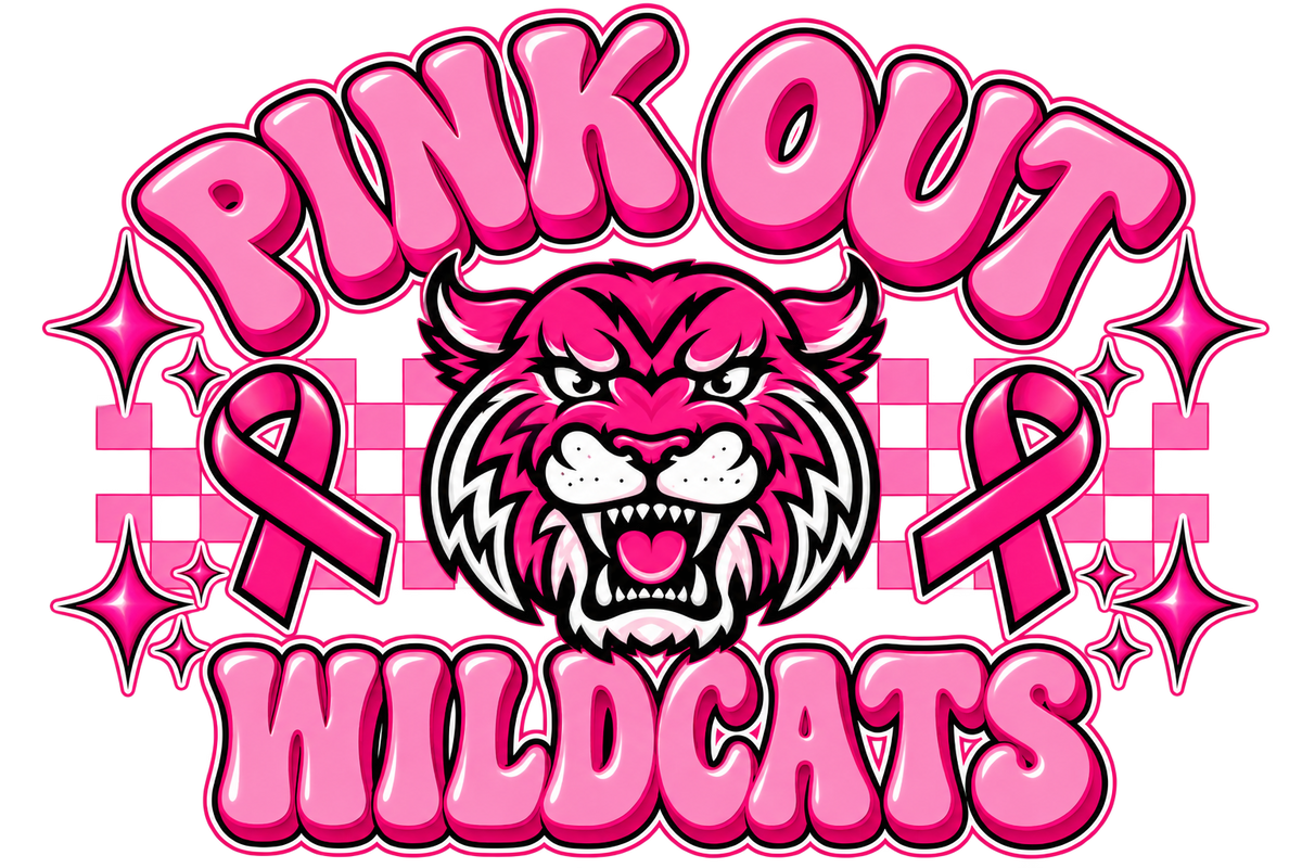 Pink Out Wildcats print artwork; available on white and pink Bella+Canvas 3001 tees