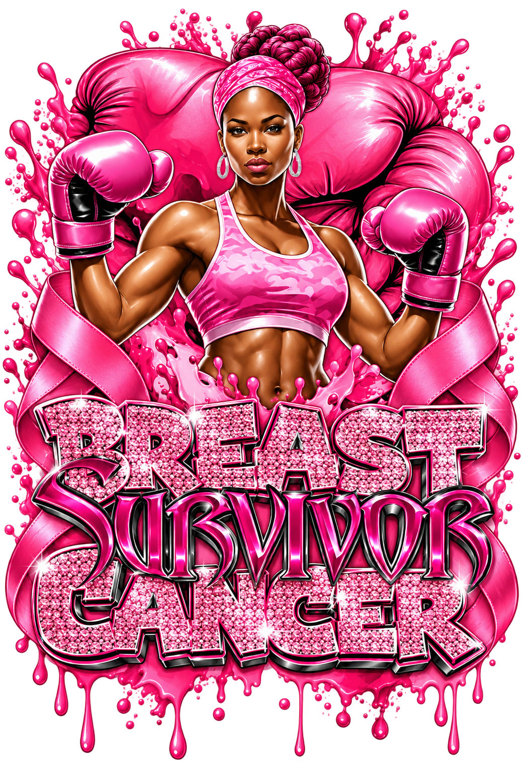 Pink Warrior Breast Cancer Survivor print artwork; available on white and pink Bella+Canvas 3001 tees