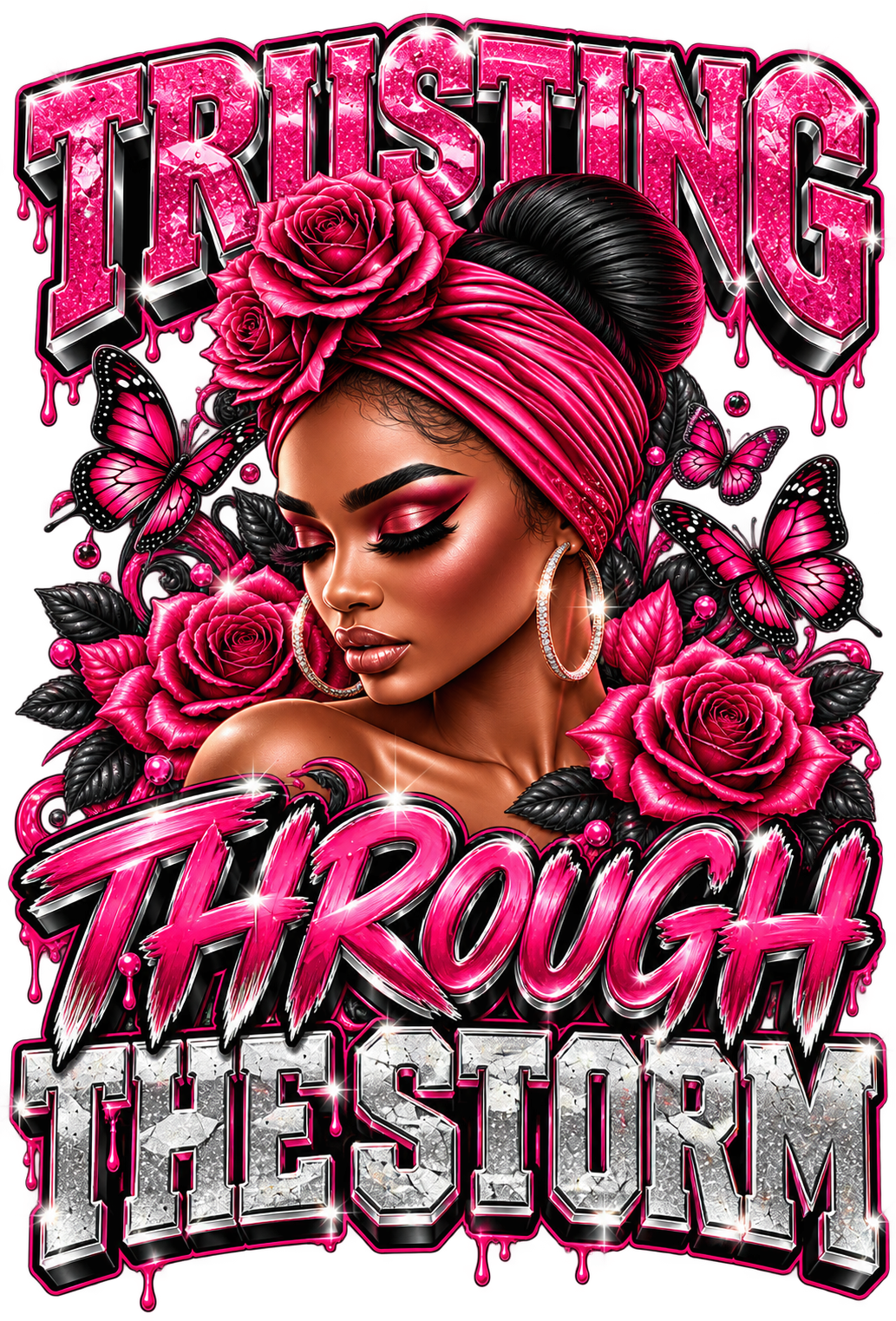 Trusting Through the Storm print artwork; available on white and pink Bella+Canvas 3001 tees