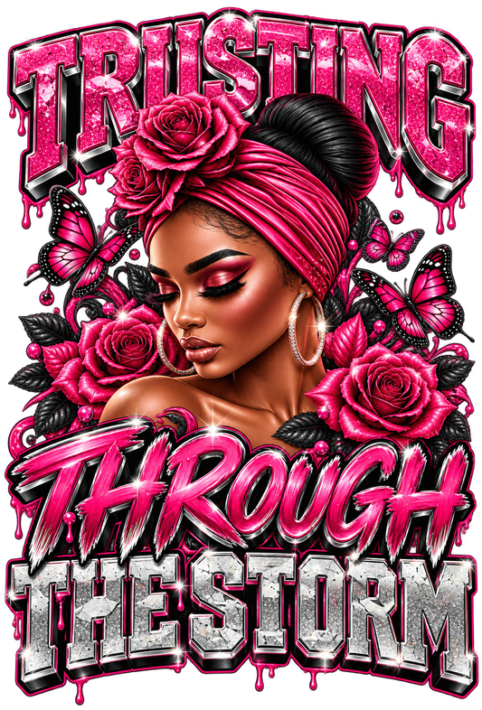 Trusting Through the Storm print artwork; available on white and pink Bella+Canvas 3001 tees
