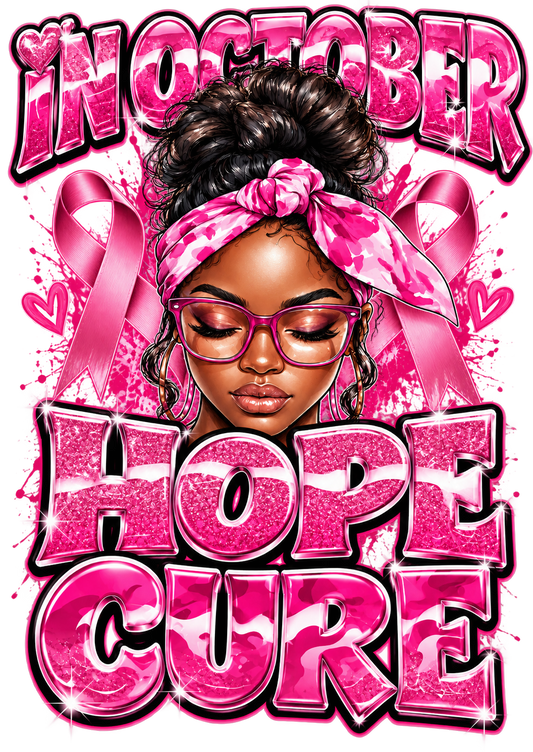 Pink Hope Cure Awareness print artwork; available on white and pink Bella+Canvas 3001 tees