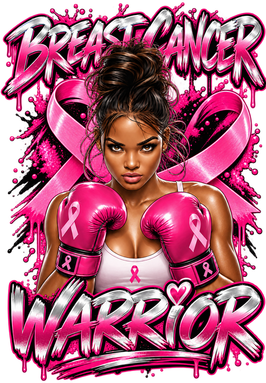 Breast Cancer Warrior Boxer print artwork; available on white and pink Bella+Canvas 3001 tees