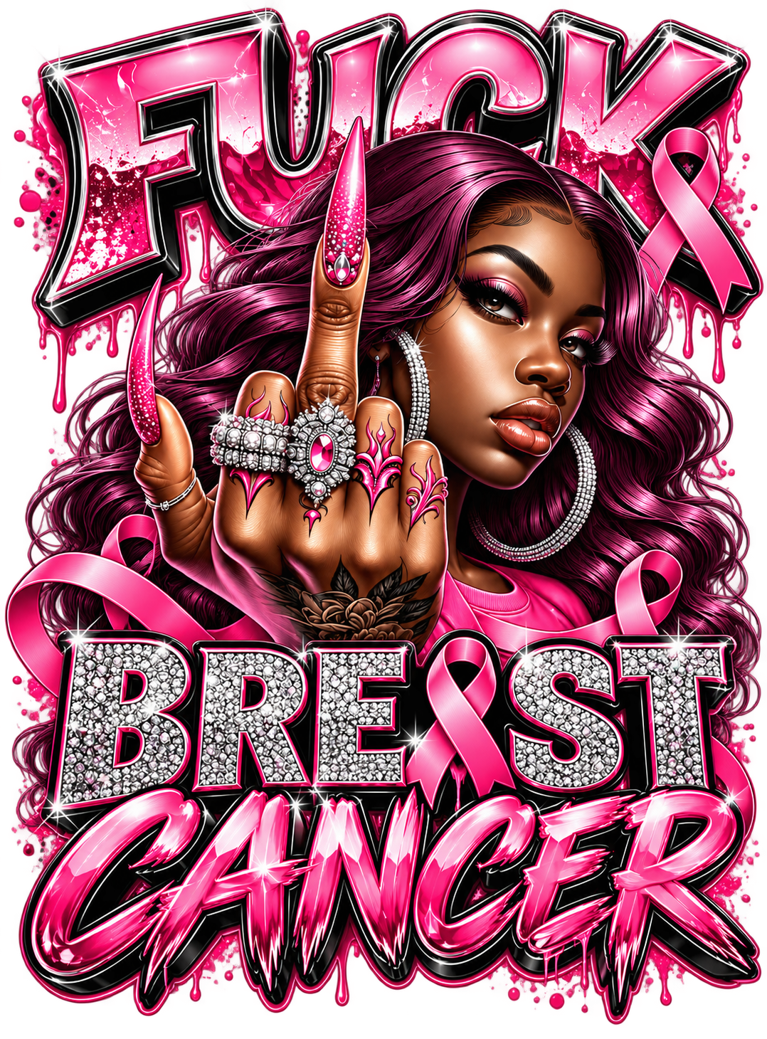 Neon Pink Breast Cancer Glam print artwork; available on white and pink Bella+Canvas 3001 tees