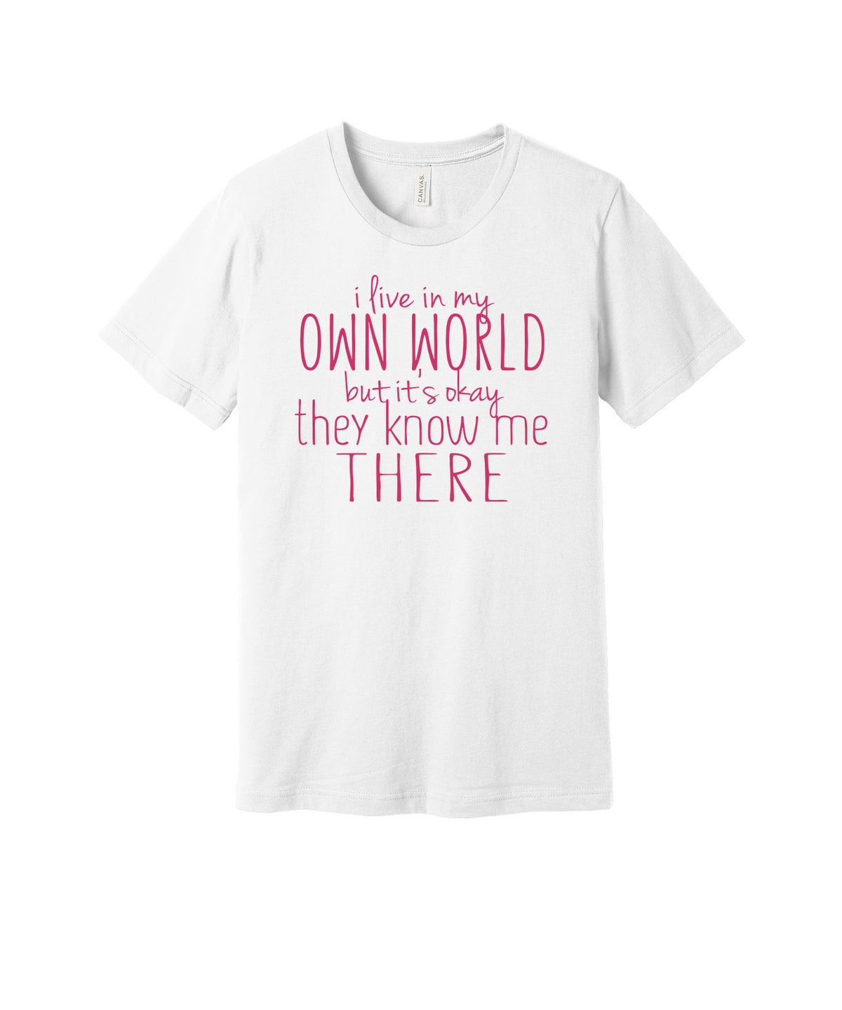 I Live in My Own World graphic on a white Bella+Canvas 3001 tee
