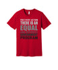 Equal and Opposite Government Program graphic on a red Bella+Canvas 3001 tee