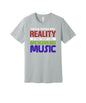Reality Needs Background Music graphic on a solid athletic gray Bella+Canvas 3001 tee