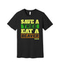 Save a Tree Eat a Beaver graphic on a black Bella+Canvas 3001 tee