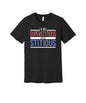 Just Stitious graphic on a black Bella+Canvas 3001 tee