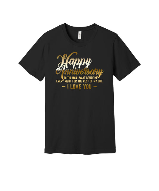 Happy Anniversary to My Husband graphic on a black Bella+Canvas 3001 tee