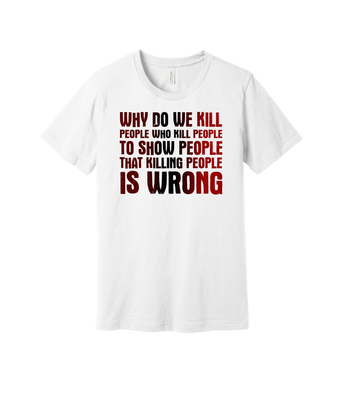 Why Killing Is Wrong graphic on a white Bella+Canvas 3001 tee