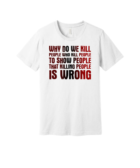 Why Killing Is Wrong graphic on a white Bella+Canvas 3001 tee