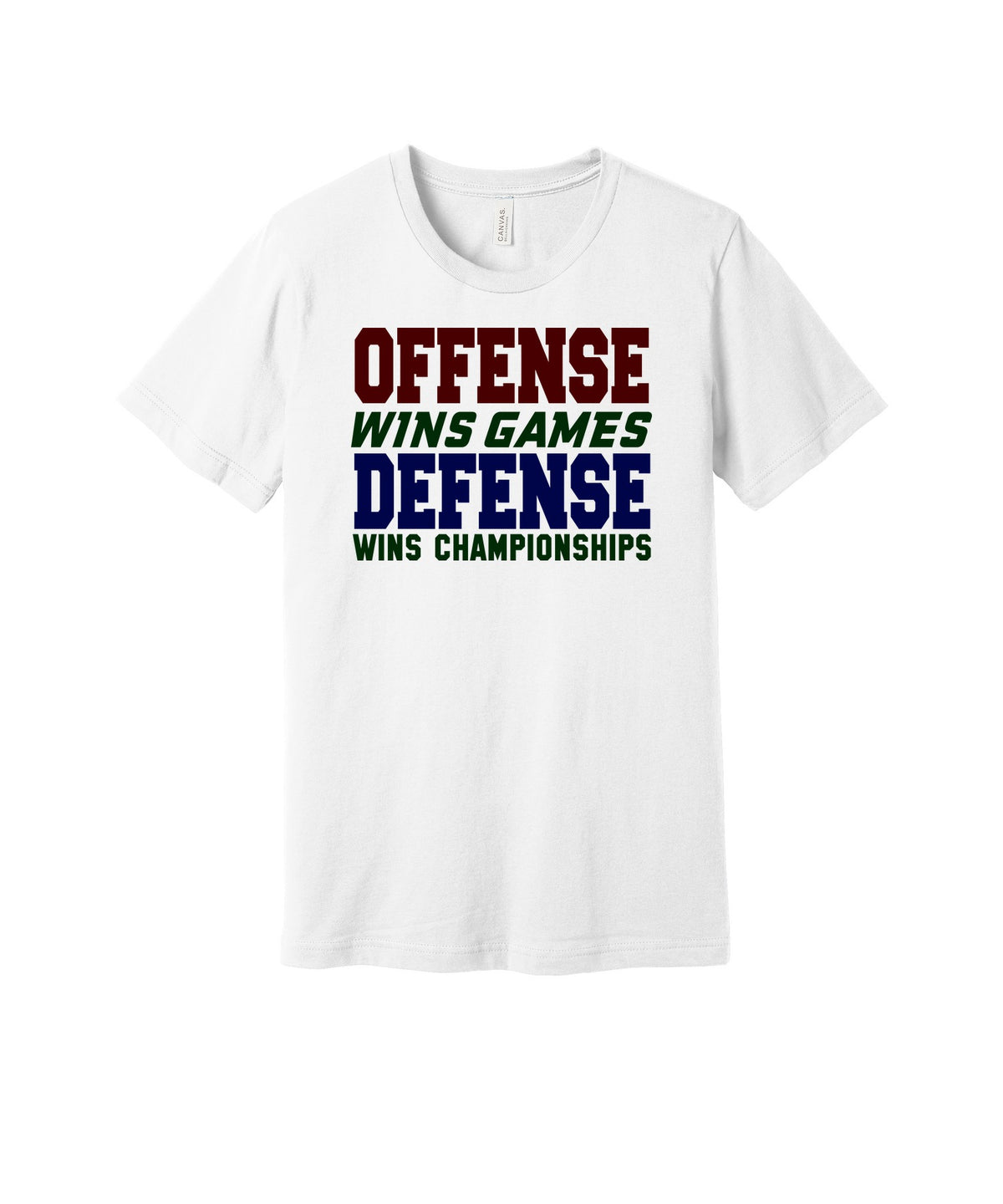 Defense Wins Championships graphic on a white Bella+Canvas 3001 tee