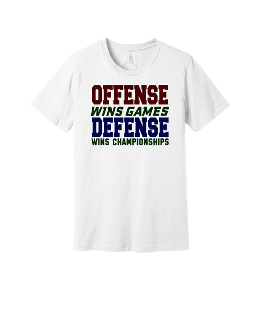 Defense Wins Championships graphic on a white Bella+Canvas 3001 tee