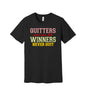 Quitters Never Win graphic on a black Bella+Canvas 3001 tee