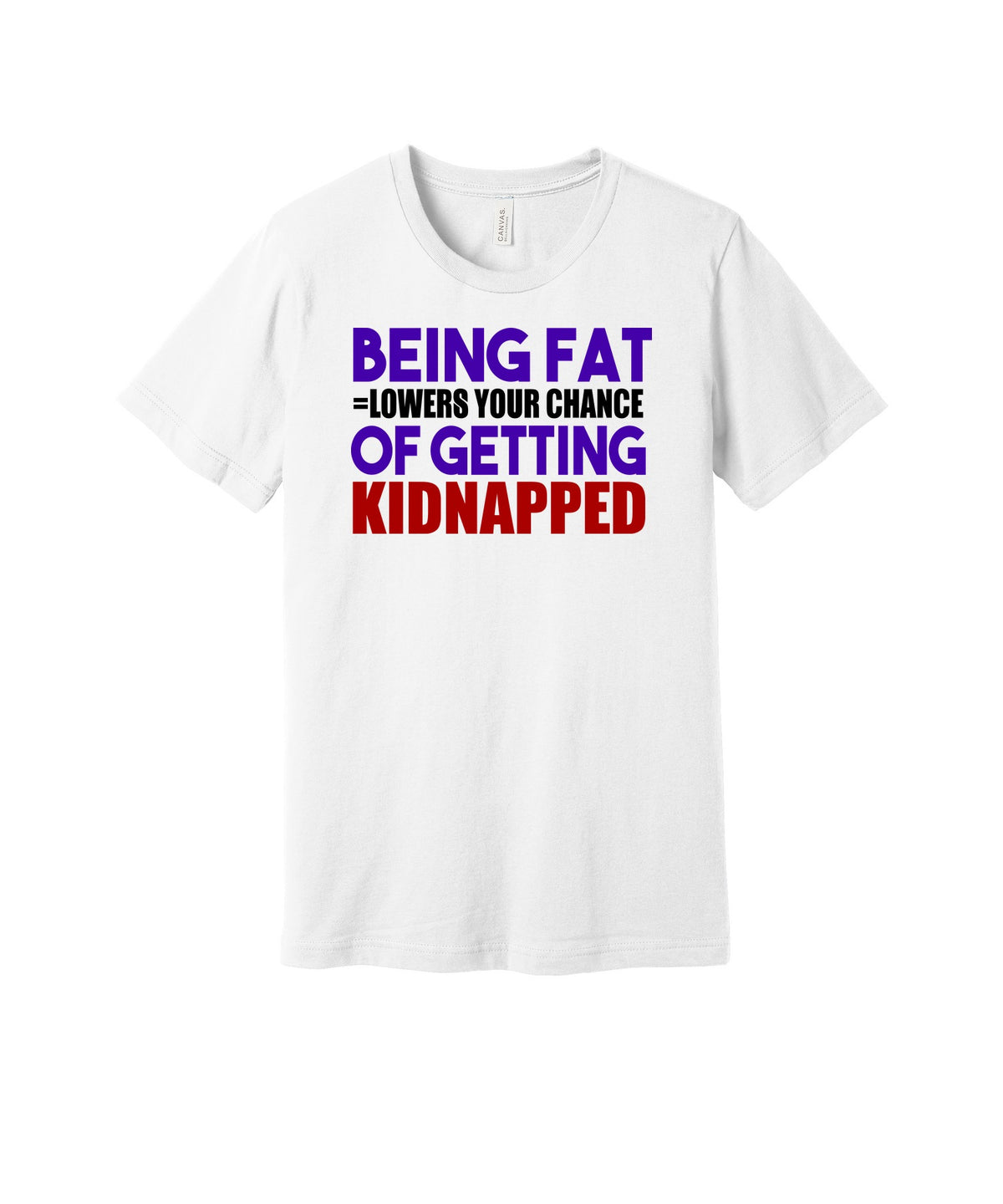 Too Fat to Kidnap graphic on a white Bella+Canvas 3001 tee