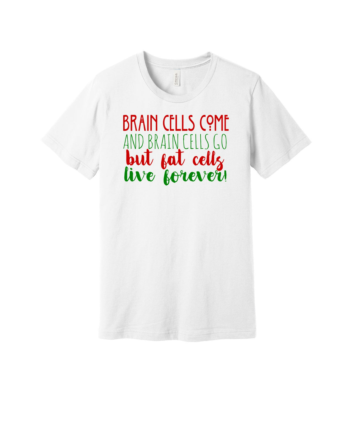 Fat Cells Live Forever graphic on a white Bella+Canvas 3001 tee