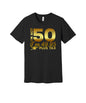 49.95 Plus Tax graphic on a black Bella+Canvas 3001 tee