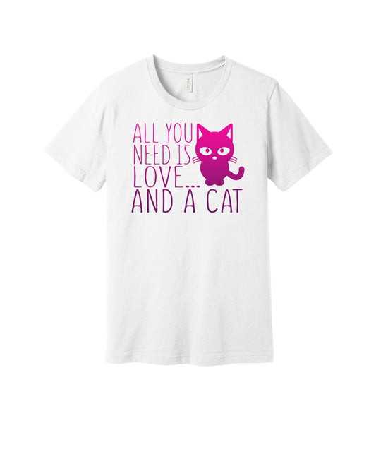 Love and a Cat graphic on a white Bella+Canvas 3001 tee