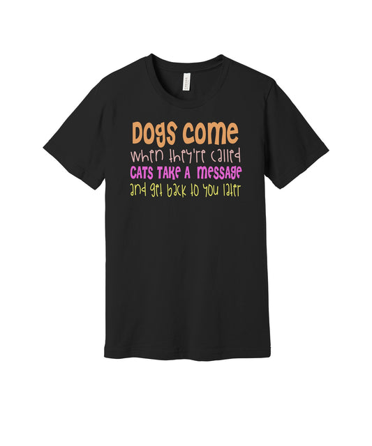 Cats Take a Message graphic on a black Bella+Canvas 3001 tee