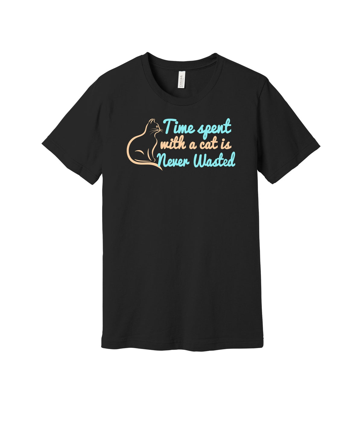 Time With a Cat Is Never Wasted graphic on a black Bella+Canvas 3001 tee