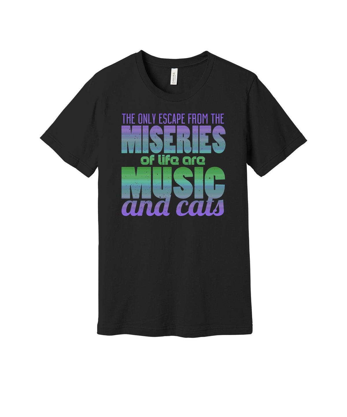 Music and Cats graphic on a black Bella+Canvas 3001 tee