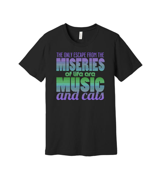 Music and Cats graphic on a black Bella+Canvas 3001 tee