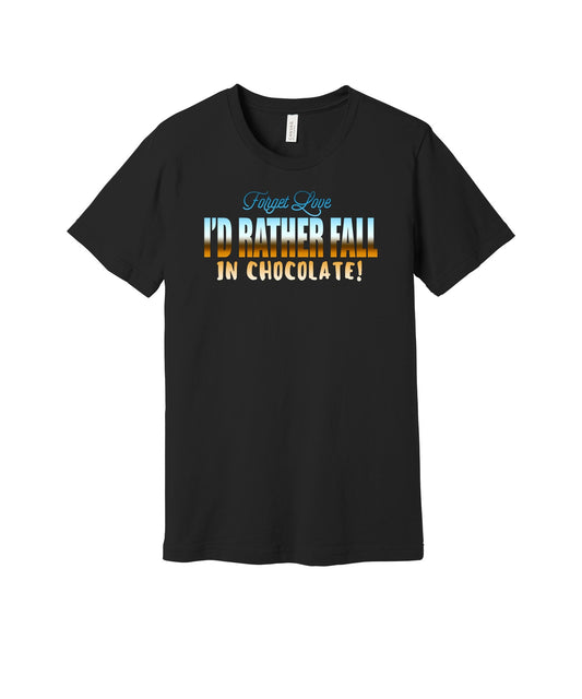Rather Fall in Chocolate graphic on a black Bella+Canvas 3001 tee