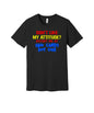 Who Cares Dot Com graphic on a black Bella+Canvas 3001 tee