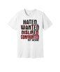 Confronted by None graphic on a white Bella+Canvas 3001 tee