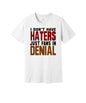 Fans in Denial graphic on a white Bella+Canvas 3001 tee