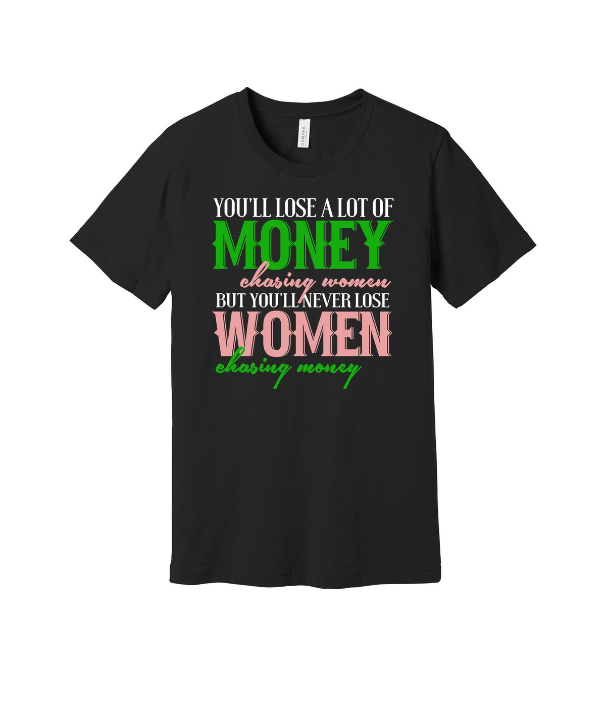 Chasing Money graphic on a black Bella+Canvas 3001 tee