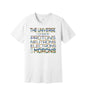 Protons Neutrons Electrons Morons graphic on a white Bella+Canvas 3001 tee
