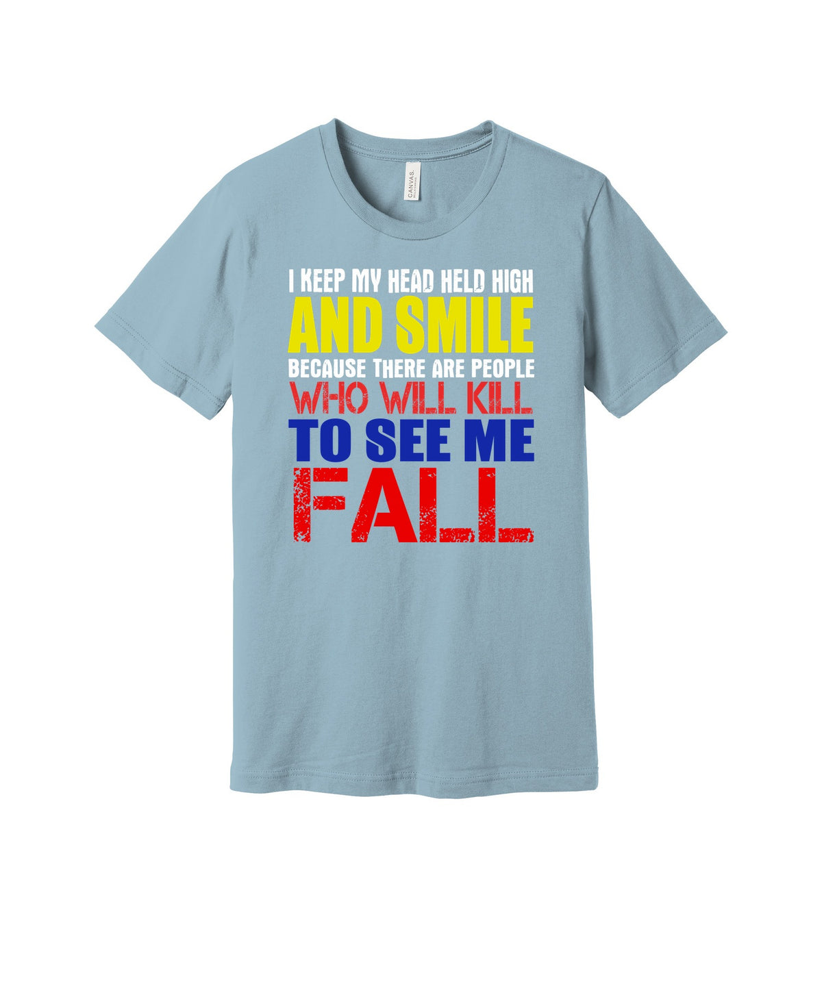 Head High and Smile graphic on a light blue Bella+Canvas 3001 tee