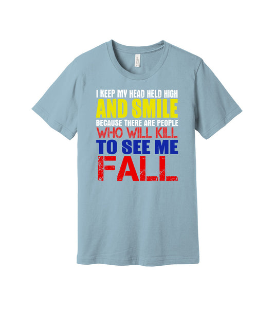 Head High and Smile graphic on a light blue Bella+Canvas 3001 tee
