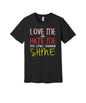 Still Shine Script graphic on a black Bella+Canvas 3001 tee