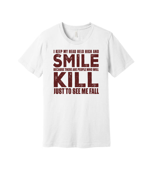 Head High Keep Smiling graphic on a white Bella+Canvas 3001 tee