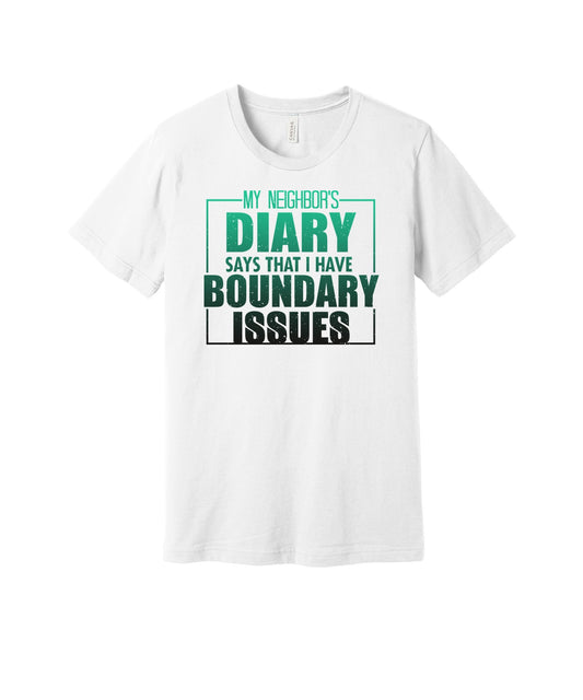 Neighbor's Diary graphic on a white Bella+Canvas 3001 tee