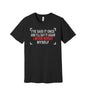 Never Repeat Myself graphic on a black Bella+Canvas 3001 tee