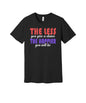Care Less Be Happier graphic on a black Bella+Canvas 3001 tee