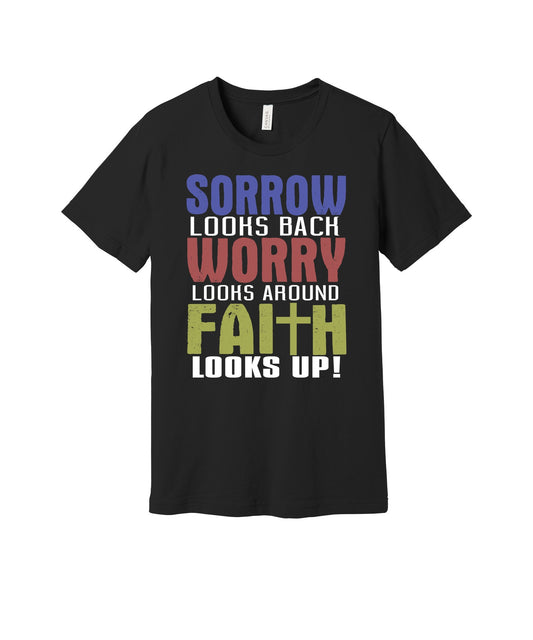 Faith Looks Up graphic on a black Bella+Canvas 3001 tee