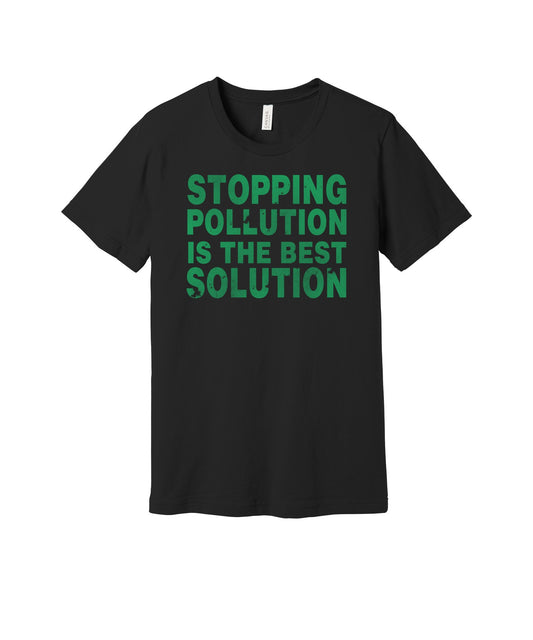 Stop Pollution graphic on a black Bella+Canvas 3001 tee