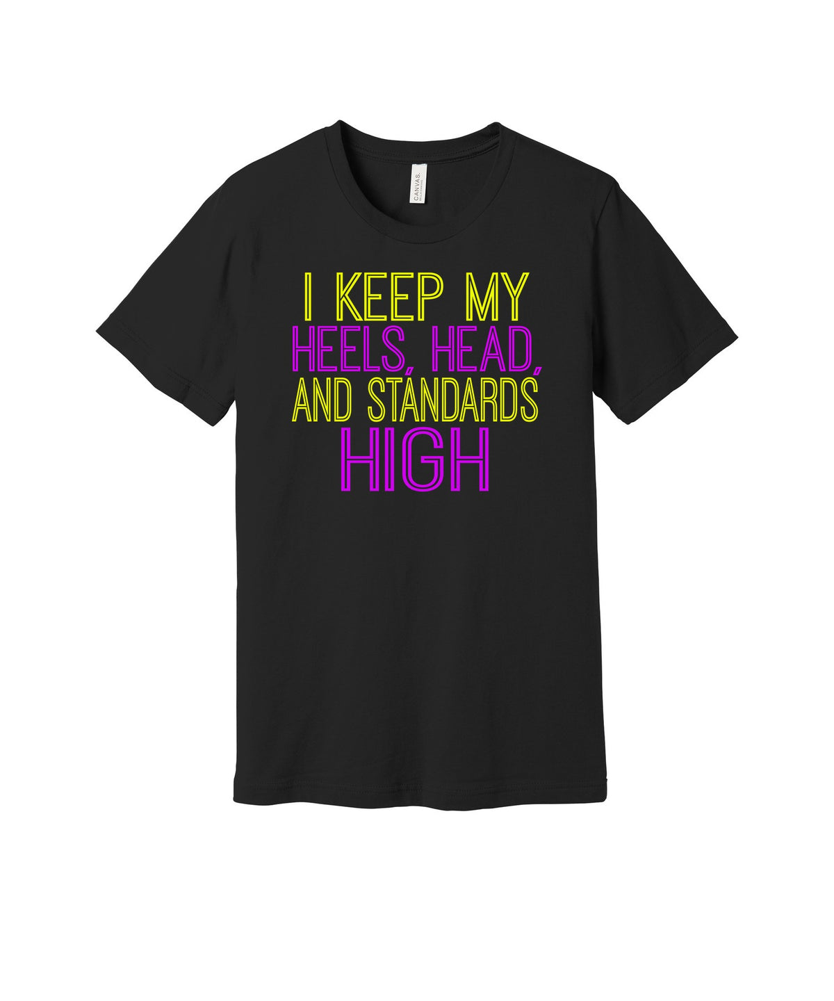 Heels Head and Standards High graphic on a black Bella+Canvas 3001 tee